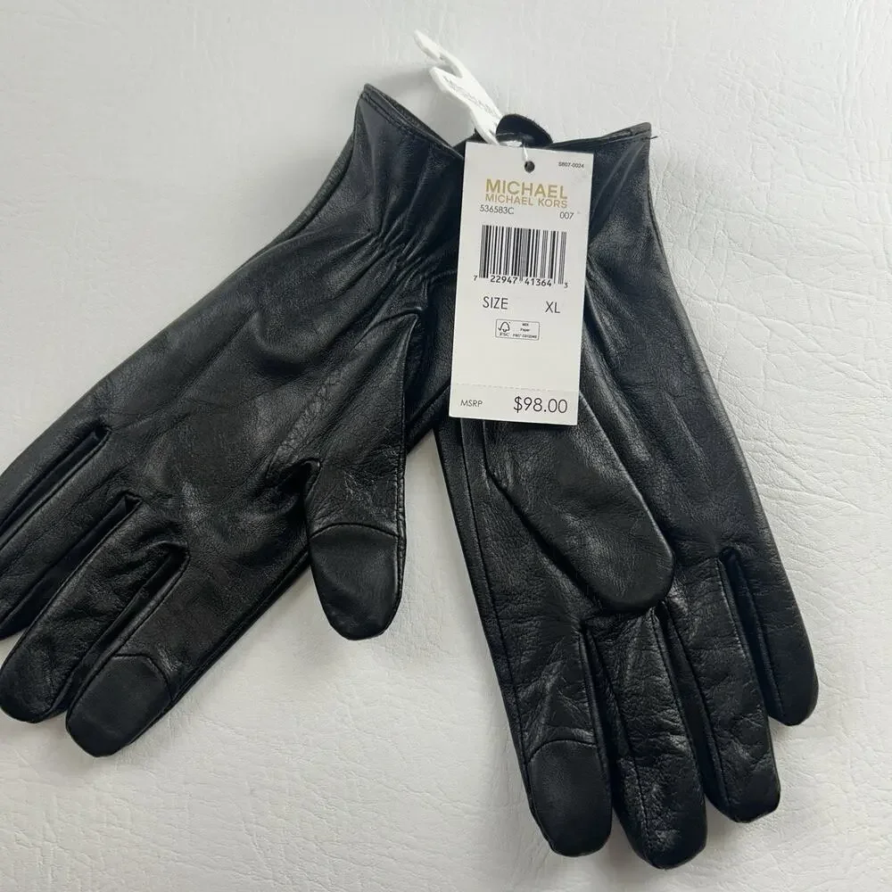 Michael Kors Women Black Leather Gloves Size XL Genuine Leather NWT